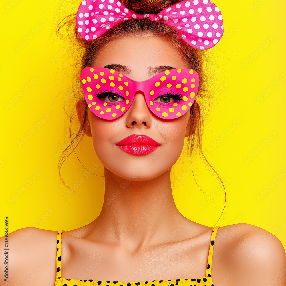 Fototapeta premium Colorful, playful young woman with pink sunglasses, vibrant background, yellow dress, fashion, summer fun concept