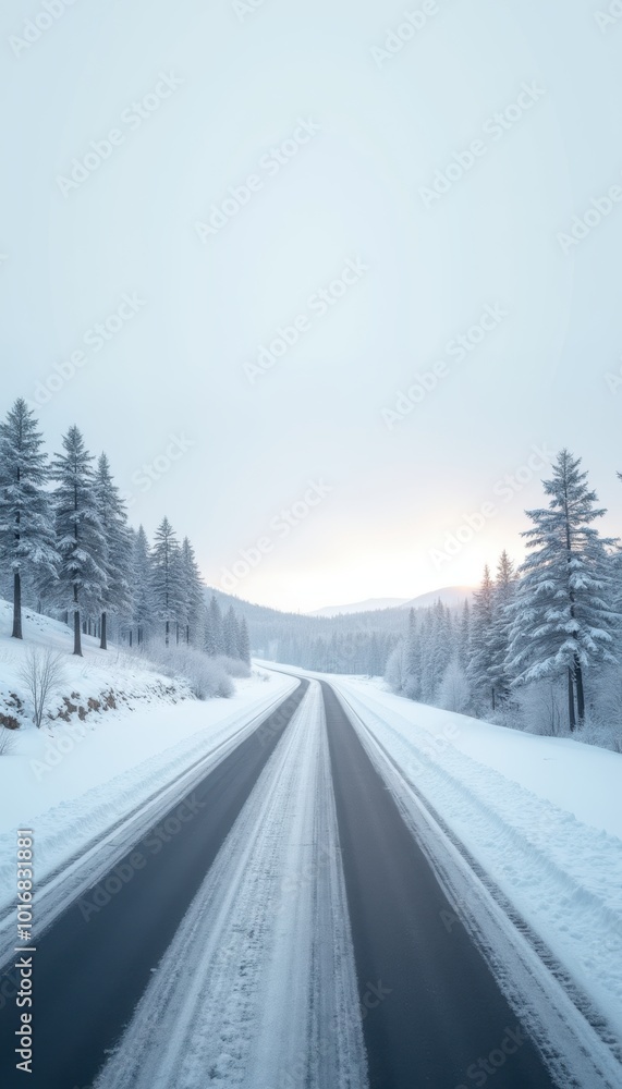 A serene winter landscape featuring a snow-covered road surrounded by frosted trees, evoking tranquility and the beauty of nature. A serene winter landscape featuring a snow-covered road surrounded by frosted trees, evoking tranquility and the beauty of nature.