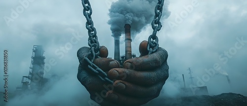 Hands wrapped in chains grasping a factory emitting thick smoke symbolizing the human responsibility and culpability for environmental damage and climate change photo