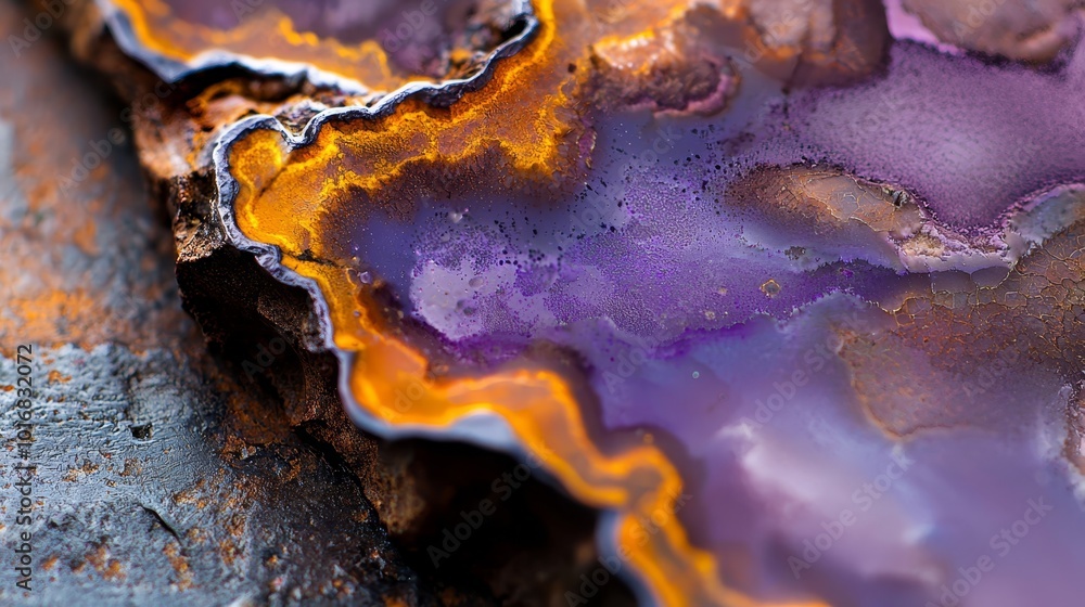 A tight shot of metal showcasing a purplish-yellow patterned design on its exterior A tight shot of metal showcasing a purplish-yellow patterned design on its exterior