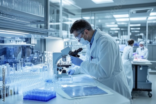 A medical laboratory with scientists and doctors working on research, surrounded by microscopes, test tubes, and advanced diagnostic machines, illustrating a state-of-the-art healthcare environment 