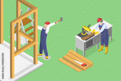 3D Isometric Flat Vector Illustration of Professional Carpenters , Crafting Wood Frame Structure