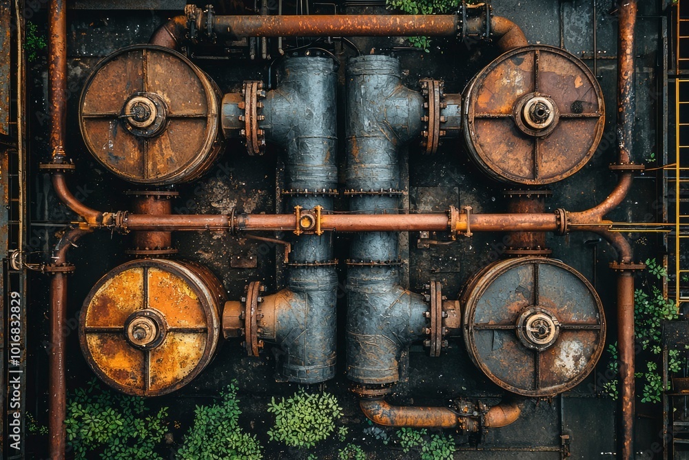 Rusty Industrial Pipes and Wheels in an Abandoned Factory Rusty Industrial Pipes and Wheels in an Abandoned Factory