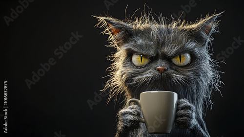 Disheveled Cat with Coffee, a colorful caricature of a tired cat holding a coffee cup, minimalistic background, soft lighting, whimsical yet relatable.