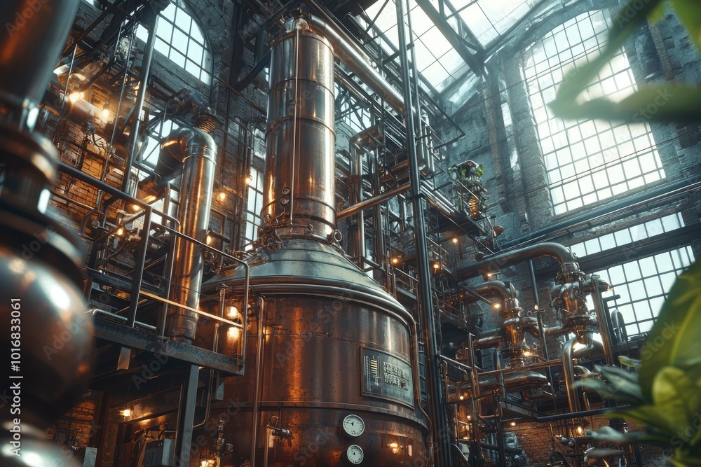 Industrial Copper Still in a Glass-Roofed Factory Industrial Copper Still in a Glass-Roofed Factory