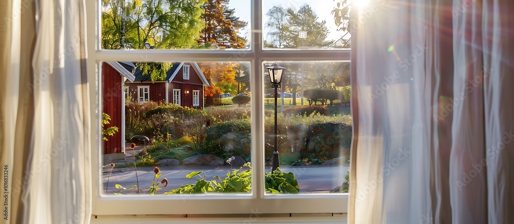 Window with white curtain, view on garden, red house, sunny day, street lamp outside, bokeh effect, photo from inside, Sweden. Window with white curtain, view on garden, red house, sunny day, street lamp outside, bokeh effect, photo from inside, Sweden.