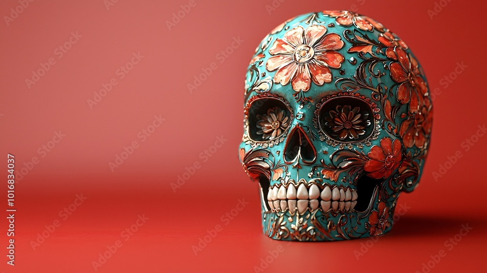 Vibrant decorative skull for Day of the Dead (Dia De Los Muertos) celebrations, ideal for festive invitations, decorations, and cultural events. Vibrant decorative skull for Day of the Dead (Dia De Los Muertos) celebrations, ideal for festive invitations, decorations, and cultural events.