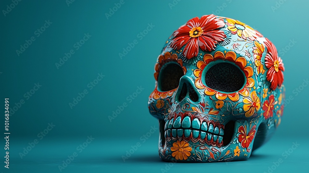 Vibrant decorative skull for Day of the Dead celebrations, ideal for invitations, posters, and festive materials capturing the essence of Dia De Los Muertos. Vibrant decorative skull for Day of the Dead celebrations, ideal for invitations, posters, and festive materials capturing the essence of Dia De Los Muertos.
