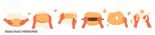 Kneading dough hands set. Woman hands prepares homemade cookies. Top view of Christmas bakery. Instruction for baking recipe. Isolated vector illustration in cartoon style