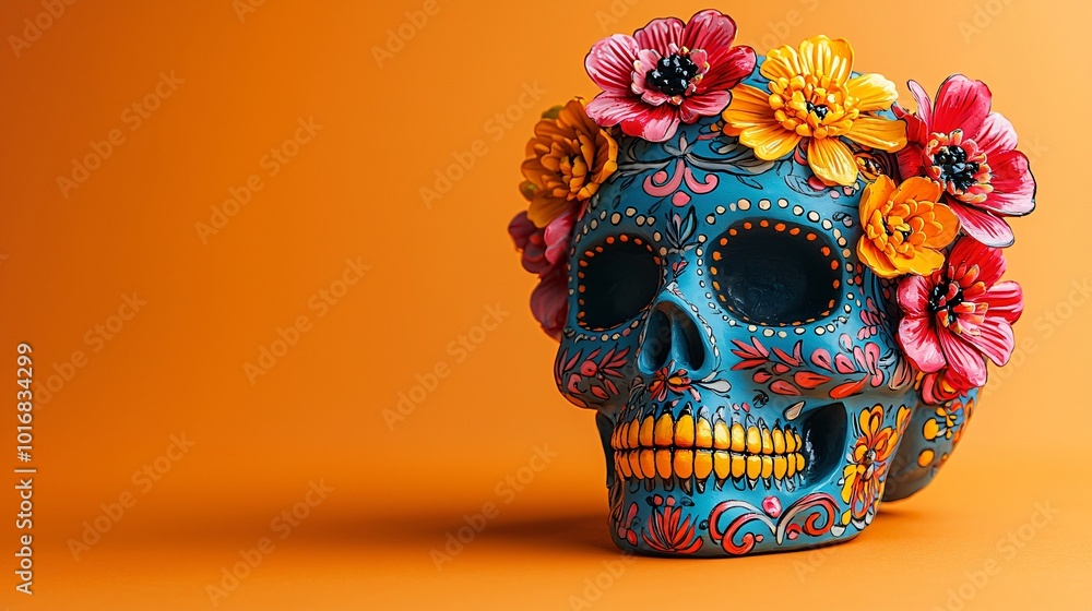 Fototapeta premium A vibrant sugar skull adorned with flowers, perfect for Day of the Dead celebrations. Ideal for invitations, posters, or decorations during Dia De Los Muertos.