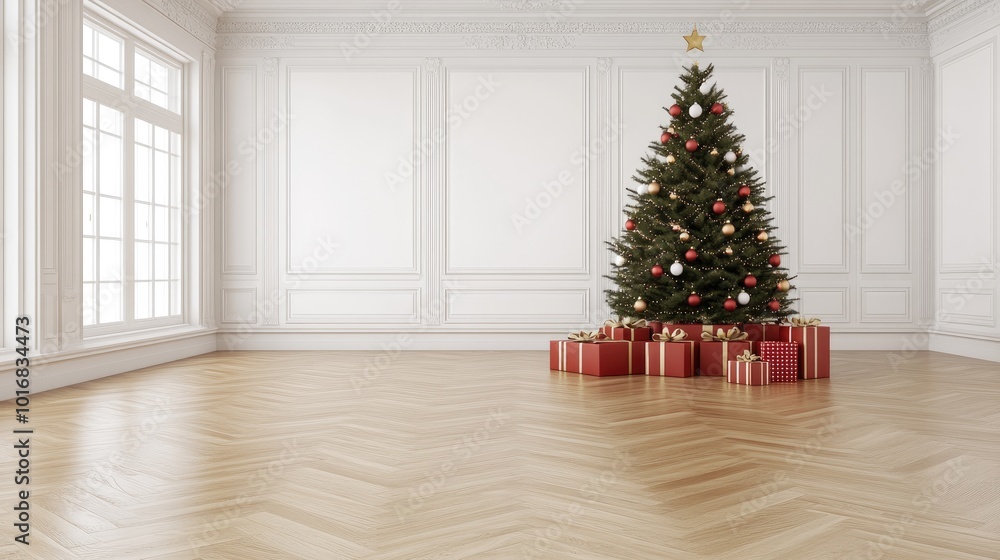 A beautifully decorated Christmas tree stands in the center of a spacious, empty room, adorned with red gifts and highlighted by large windows that create a warm atmosphere A beautifully decorated Christmas tree stands in the center of a spacious, empty room, adorned with red gifts and highlighted by large windows that create a warm atmosphere