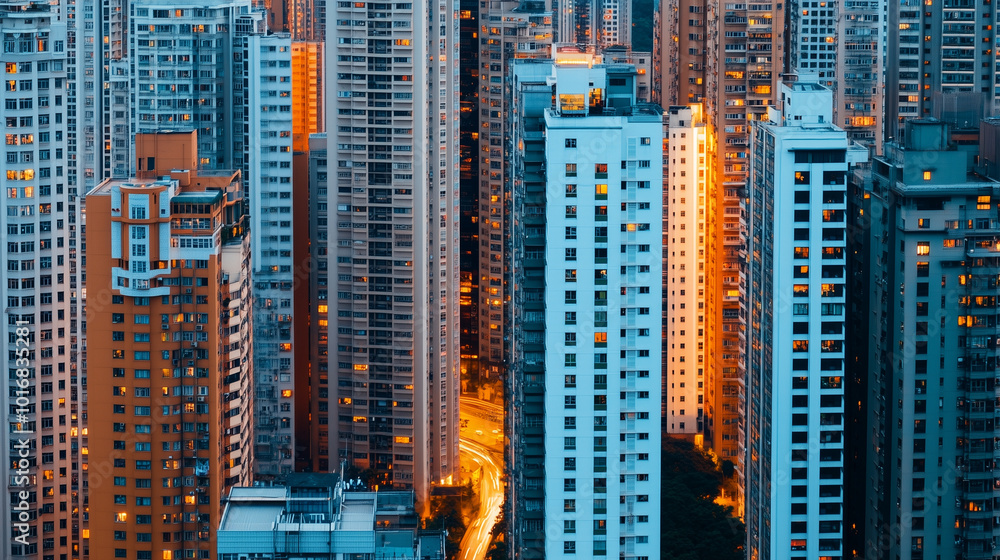 A cityscape of tall buildings at dusk A cityscape of tall buildings at dusk