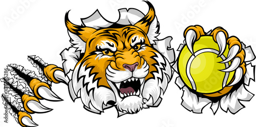A wildcat or bobcat with a tennis ball sports team animal cartoon mascot