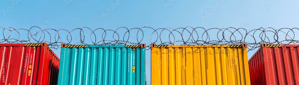 Brightly colored shipping containers topped with barbed wire against a clear blue sky, highlighting industrial design and security. Brightly colored shipping containers topped with barbed wire against a clear blue sky, highlighting industrial design and security.