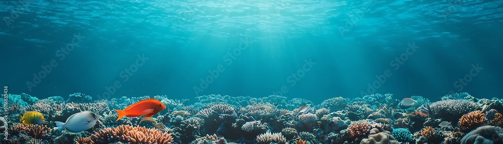 Obraz premium Breathtaking underwater scene showcasing vibrant coral reefs and colorful fish in clear blue water, perfect for nature enthusiasts.