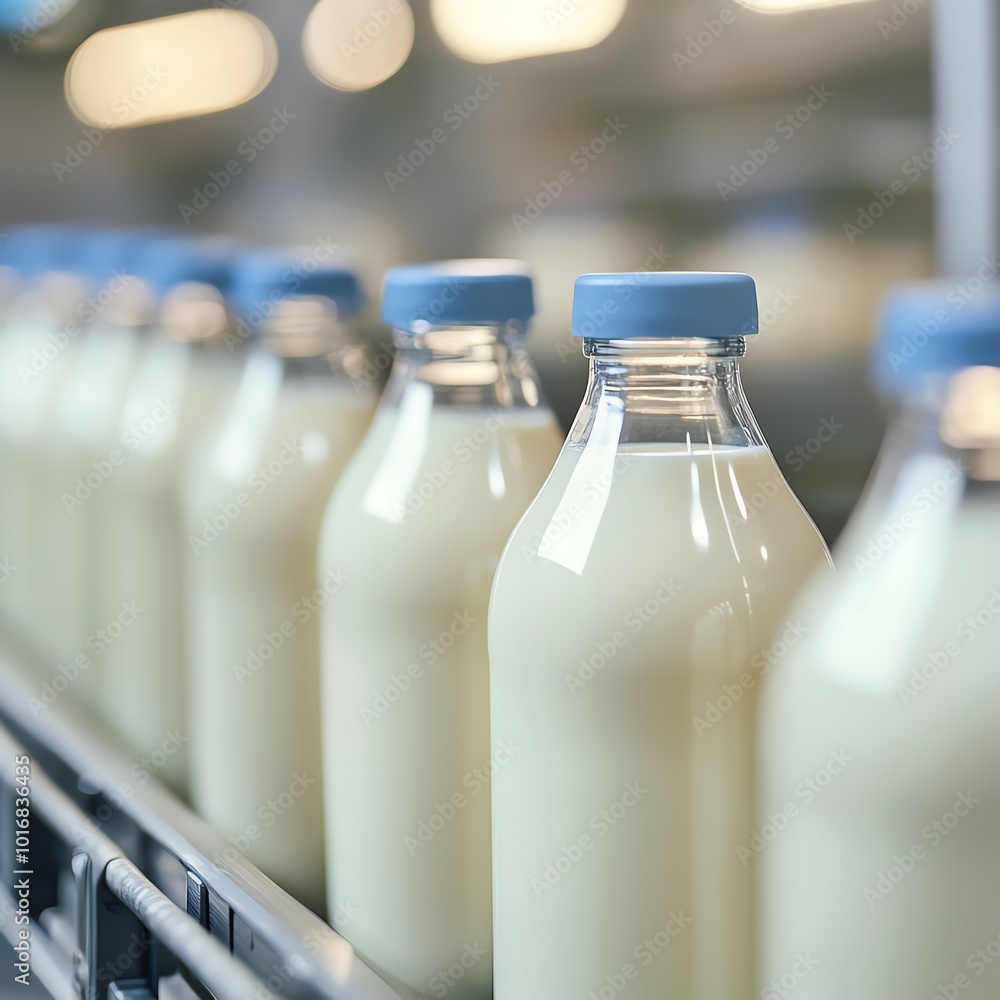 Fresh milk bottles lined up in a production facility, showcasing quality and efficiency in dairy processing. Fresh milk bottles lined up in a production facility, showcasing quality and efficiency in dairy processing.