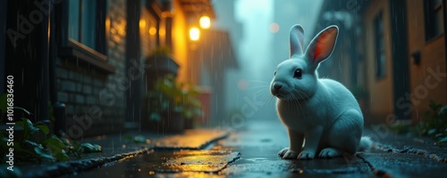 A serene scene featuring a white rabbit on a cobblestone street, illuminated by soft lighting amidst a misty backdrop, ideal for nature, pet care, or whimsical storytelling themes. photo