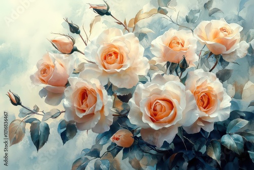 ethereal watercolor bouquet featuring white and pink roses delicate petals soft color gradients and translucent washes create a romantic and dreamy floral composition