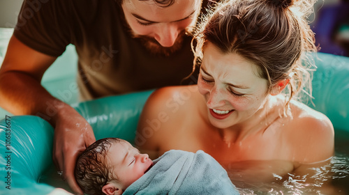 Water birth. Home birth. A woman cradles a newborn baby wrapped in a towel while sitting in a birth pool. Her husband is next to her sharing this joyful moment.