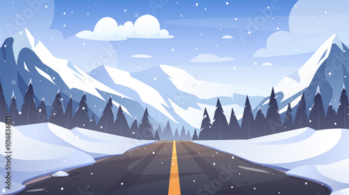 Mountain road winter landscape. Vector illustration of highway with snowy mountains, pine forest, hill, snowfall, rocks on horizon, icy peak. Road trip to ski and snowboarding resort. Christmas season