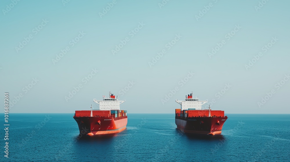 Two red cargo ships anchored in a calm sea under a clear blue sky, showcasing maritime transport and shipping industry. Two red cargo ships anchored in a calm sea under a clear blue sky, showcasing maritime transport and shipping industry.
