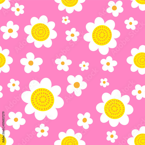 Summer seamless pattern, y2k. Vector hand drawn flowers, stylized daisies and sunflowers on pink background