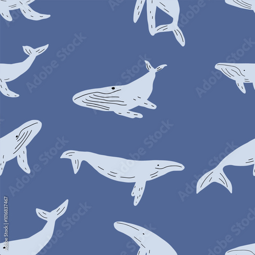 childish seamless pattern with whales in scandinavian style. Ocean animals. Pattern for kids with whales.