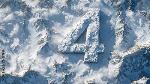 Large snow number four carved into the icy landscape of a mountainous region during winter