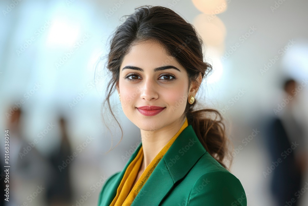 Portrait of a young woman with dark hair wearing a green blazer and yellow scarf Portrait of a young woman with dark hair wearing a green blazer and yellow scarf