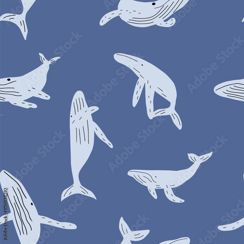 childish seamless pattern with whales in scandinavian style. Ocean animals. Pattern for kids with whales.