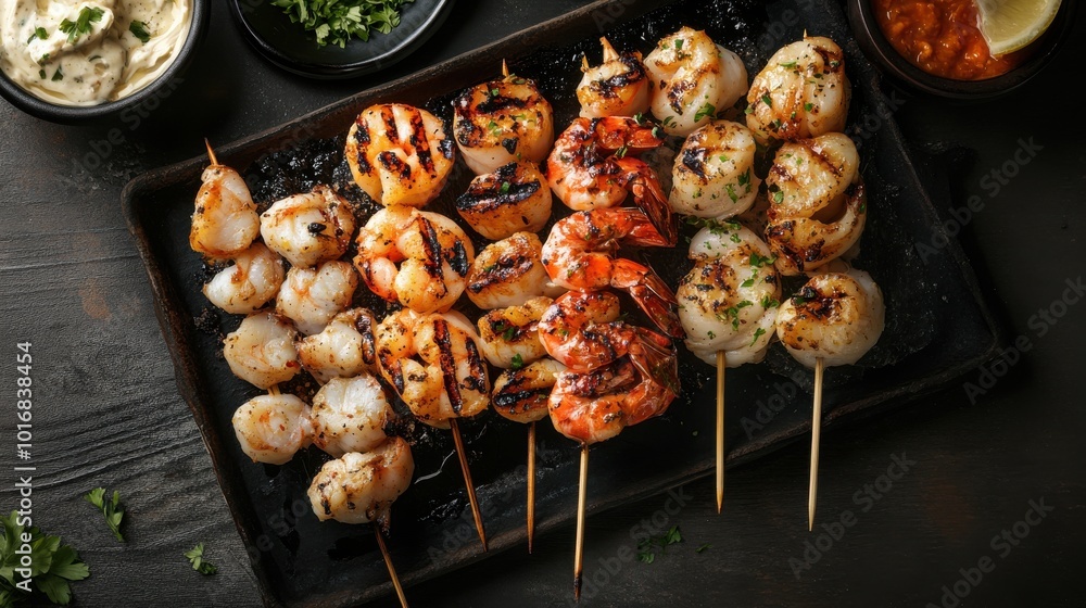 Assorted grilled seafood skewers with shrimp and scallops on dark platter, garnished with herbs, served with assorted dipping sauces. Assorted grilled seafood skewers with shrimp and scallops on dark platter, garnished with herbs, served with assorted dipping sauces.