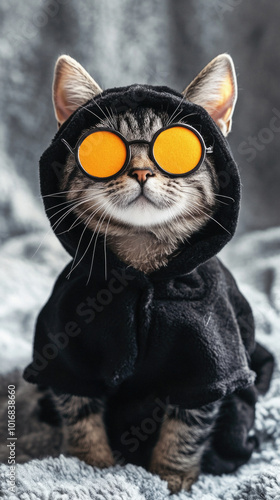 A cat wearing a black hoodie and sunglasses is sitting on a bed. The cat's eyes are open and it is smiling. The image has a playful and lighthearted mood, as the cat is dressed up in a costume