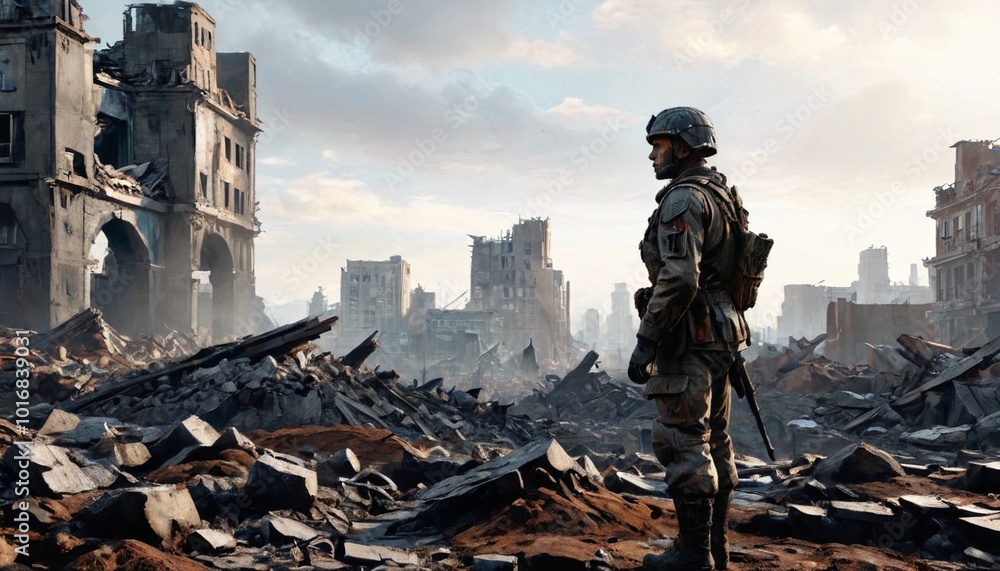 A battle-worn soldier stares into the distance, standing atop a pile of rubble where buildings once stood tall, Generative AI A battle-worn soldier stares into the distance, standing atop a pile of rubble where buildings once stood tall, Generative AI