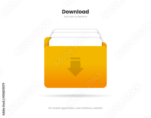 3d download icon button. Folder icon. Upload icon. Down arrow bottom side symbol. Click here button. Save cloud icon push button for UI UX, website, mobile application.