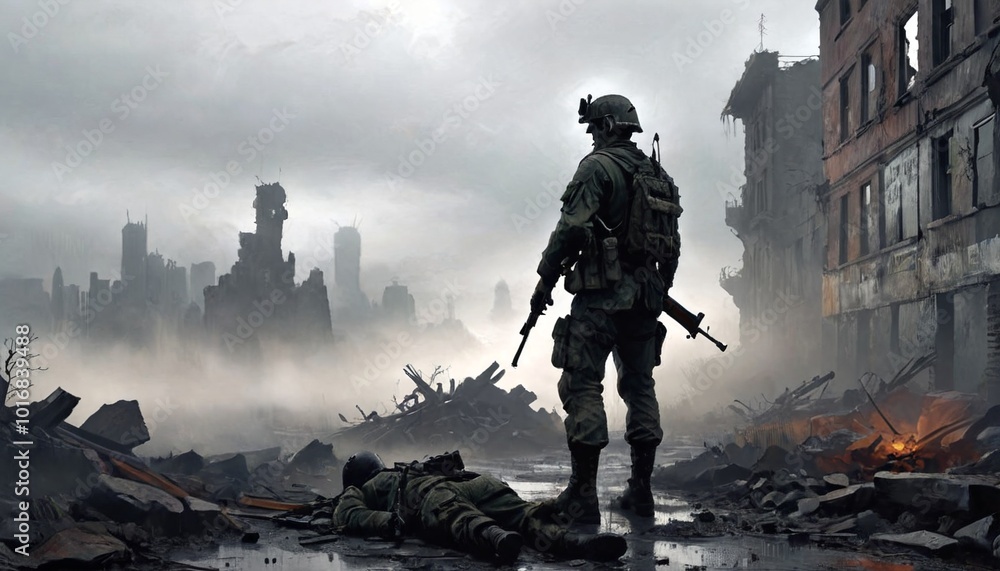 The soldier crouches behind a broken wall, clutching a rifle as a thick fog engulfs the ruined cityscape, Generative AI The soldier crouches behind a broken wall, clutching a rifle as a thick fog engulfs the ruined cityscape, Generative AI