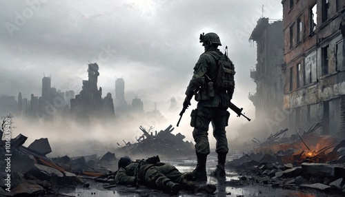 The soldier crouches behind a broken wall, clutching a rifle as a thick fog engulfs the ruined cityscape, Generative AI