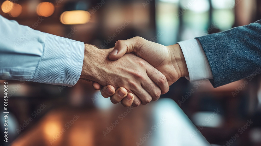 Two men shake hands in a business setting Two men shake hands in a business setting