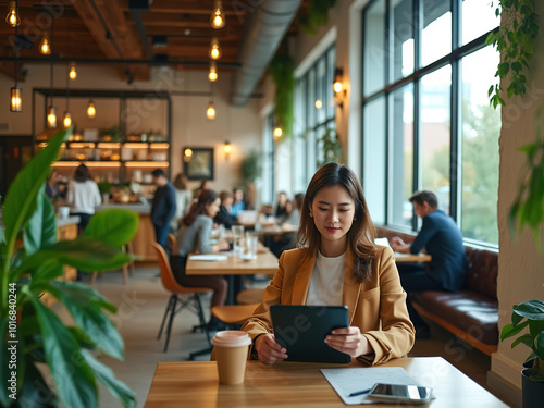 Wide Angle Shot of a Businesswoman Using a Tablet in a Cozy Cafe with Modern Biophilic Design, Featuring Office Workers Collaborating in a Stylish Workspace with Natural Elements and Comfort