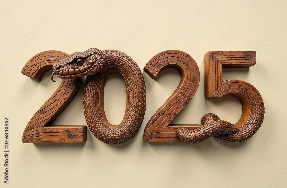 The number 2025 is made of wood with elements of a snake, the symbol of the year. Top view, light yellow background. The number 2025 is made of wood with elements of a snake, the symbol of the year. Top view, light yellow background.