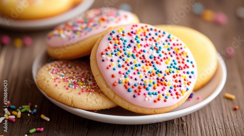 A plate of decorated sugar cookies, frosted with colorful icing and sprinkles, arranged neatly on a wooden table.  photo