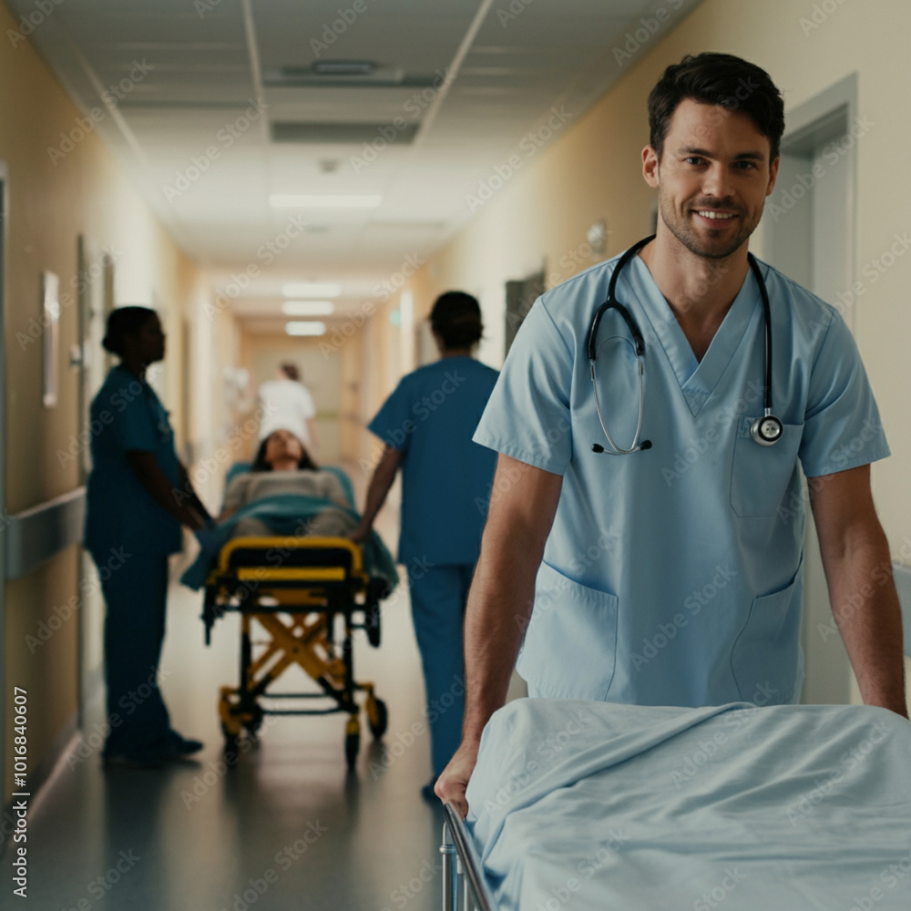 Nurse Pushing Patient Bed in Hospital Hallway Nurse Pushing Patient Bed in Hospital Hallway