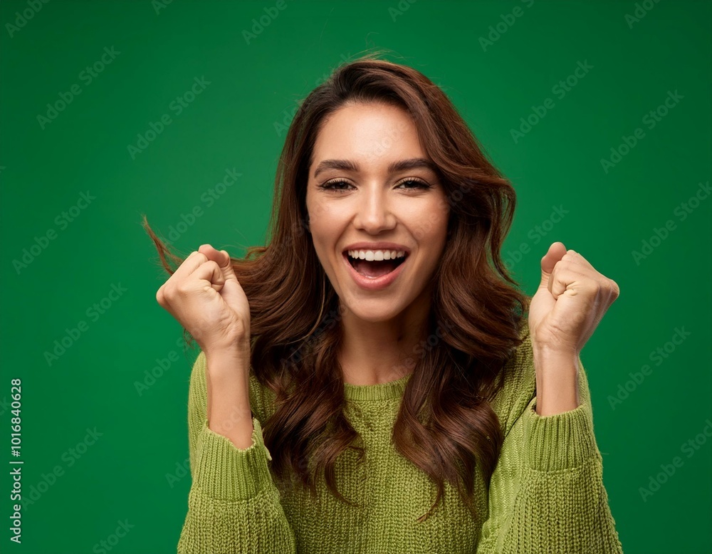 Woman expressing joy on a flat Green Background, symbolizing happiness, positivity, and vibrant emotions - Generative AI Woman expressing joy on a flat Green Background, symbolizing happiness, positivity, and vibrant emotions - Generative AI