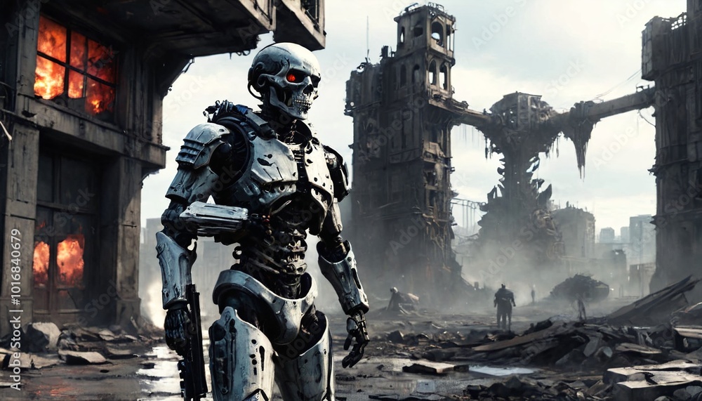 soldier, armored, suit, clink, city, desolate, skeletal, structures, ruins, apocalyptic, survival, destruction, dystopian, Generative AI soldier, armored, suit, clink, city, desolate, skeletal, structures, ruins, apocalyptic, survival, destruction, dystopian, Generative AI