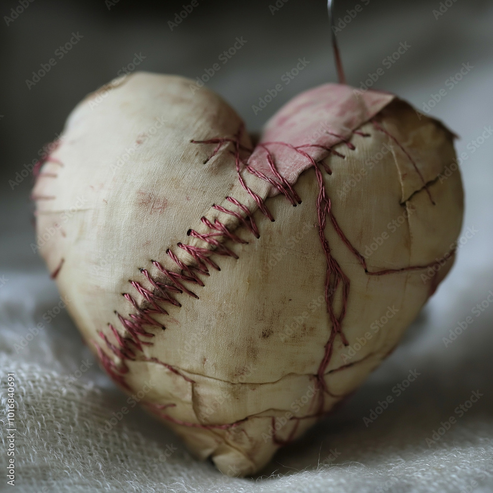 Obraz premium A broken heart is being carefully sewn by a pair of hands, with individual threads pulling the pieces together.