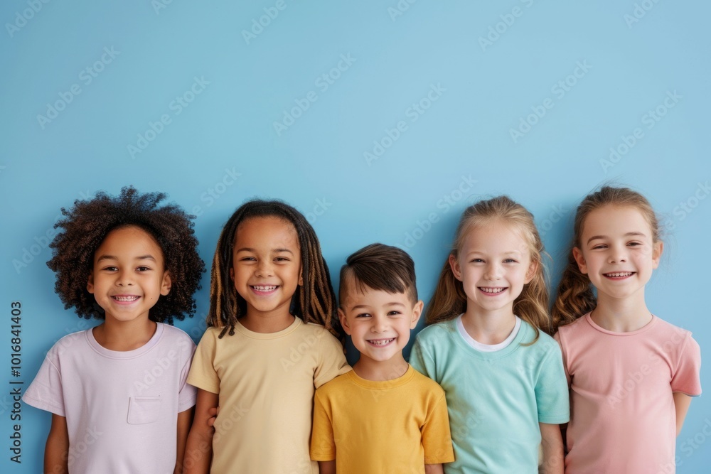 Portrait of smiling little children standing together against blue background with copy space Portrait of smiling little children standing together against blue background with copy space