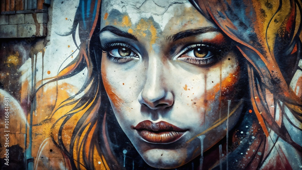 Close-up portrait of a young woman in graffiti style on a wall Close-up portrait of a young woman in graffiti style on a wall
