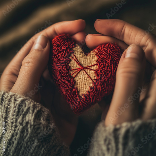 A broken heart is being carefully sewn by a pair of hands, with individual threads pulling the pieces together.