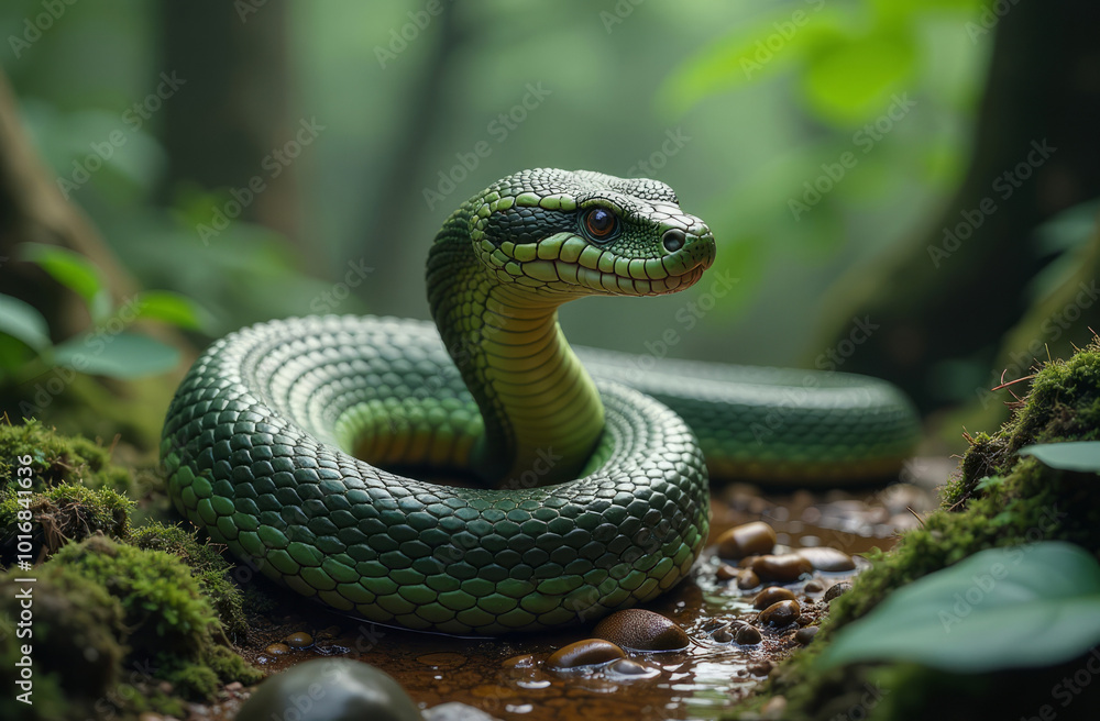 A snake of rich green color in the middle of a stream and greenery. A snake of rich green color in the middle of a stream and greenery.