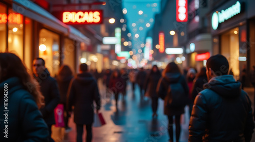 Saturated neon signs and blurry silhouettes of passers-by on a night city street