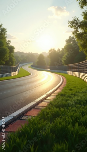 A serene sunrise over a winding racetrack, surrounded by lush greenery, perfect for automotive, sports, and travel themes. photo